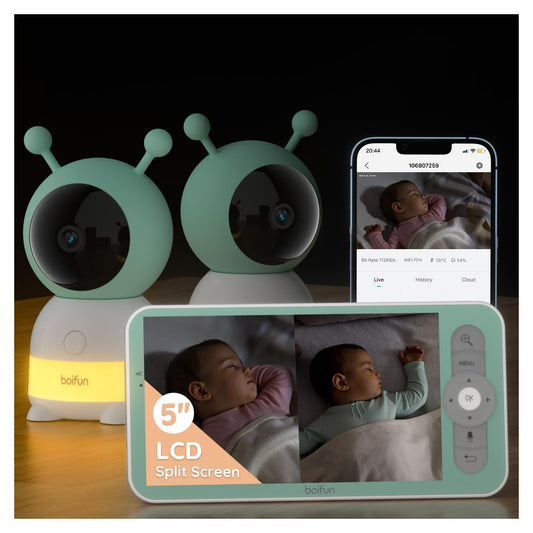 Boifun 2K WiFi Baby Monitor With Two Cameras, Night Light, App & 5" Split-Screen Control, Motion&Cry Detection, Auto Tracking, PTZ, Humidity & Temperature Sensor, 2-Way Audio, Custom Alert Area, Twins