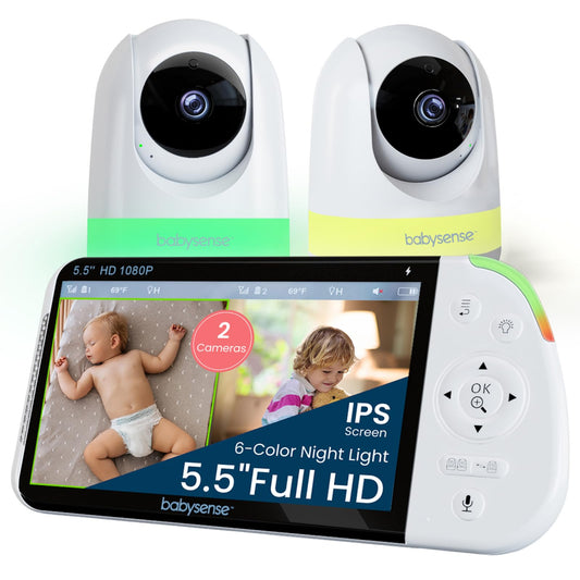 Babysense Full HD Split-Screen Baby Monitor with 2 PTZ Cameras, Two-Way Talk, 6-Color Night Light, 5000mAh Battery, Long Range, 4x Zoom, and Crystal-Clear Audio