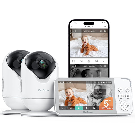 Dr.Care VistaView Smart WiFi Baby Monitor with 2 Cameras- 5” 1080P Split Screen & 2K Camera App Control, Cry & Motion Alerts, Night Vision, 5000mAh Battery, 2-Way Talk, Triple Security, 1279ft Range
